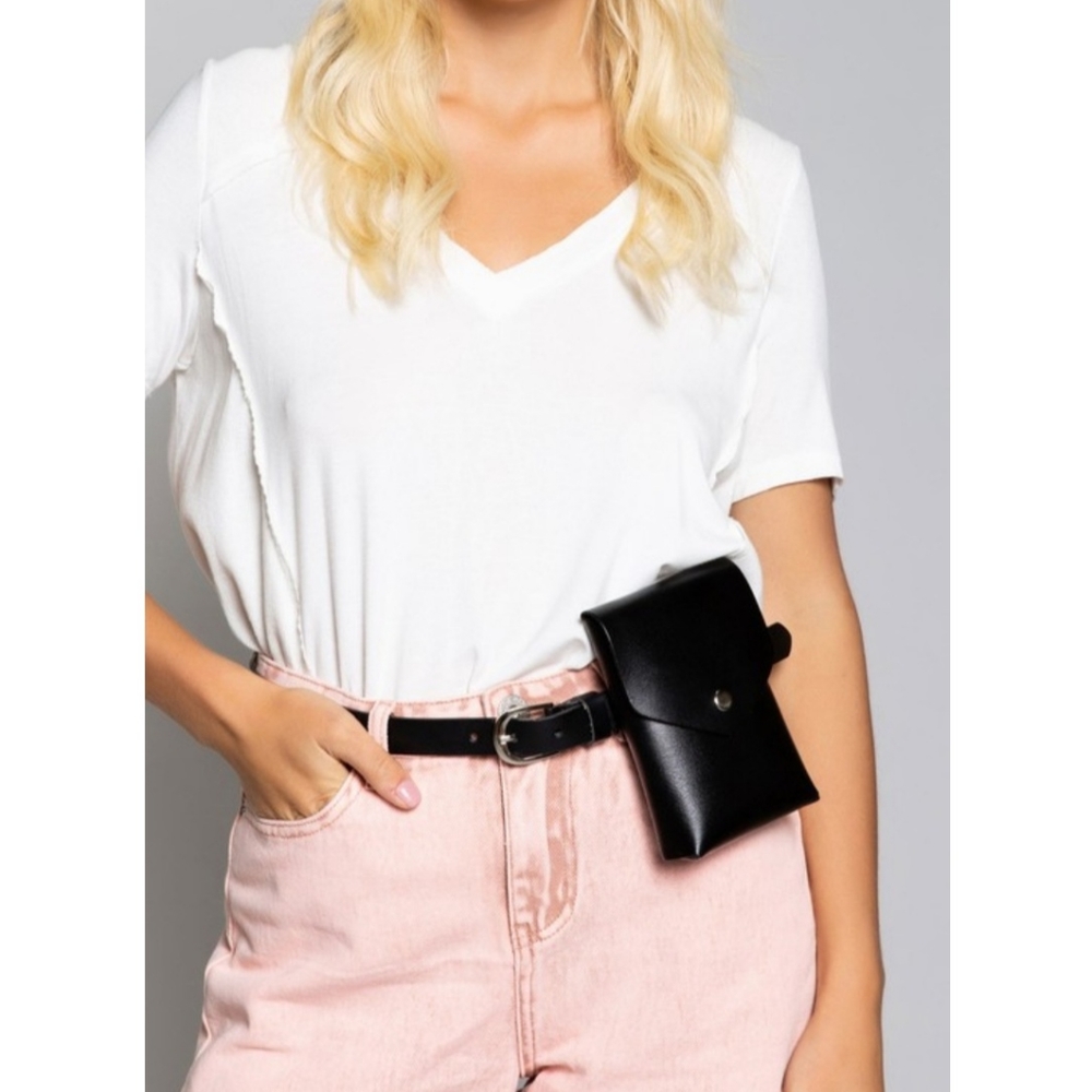 POL black leather waist bag fanny pack bohemian boho removable belt. New